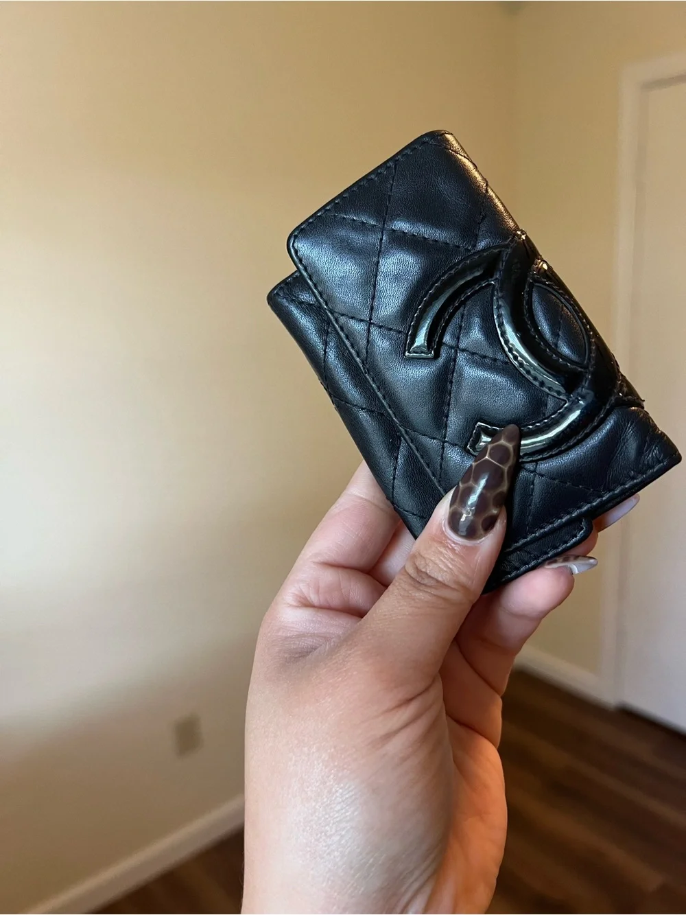 CHANEL Black Leather Key & Card Holder with Pink Interior